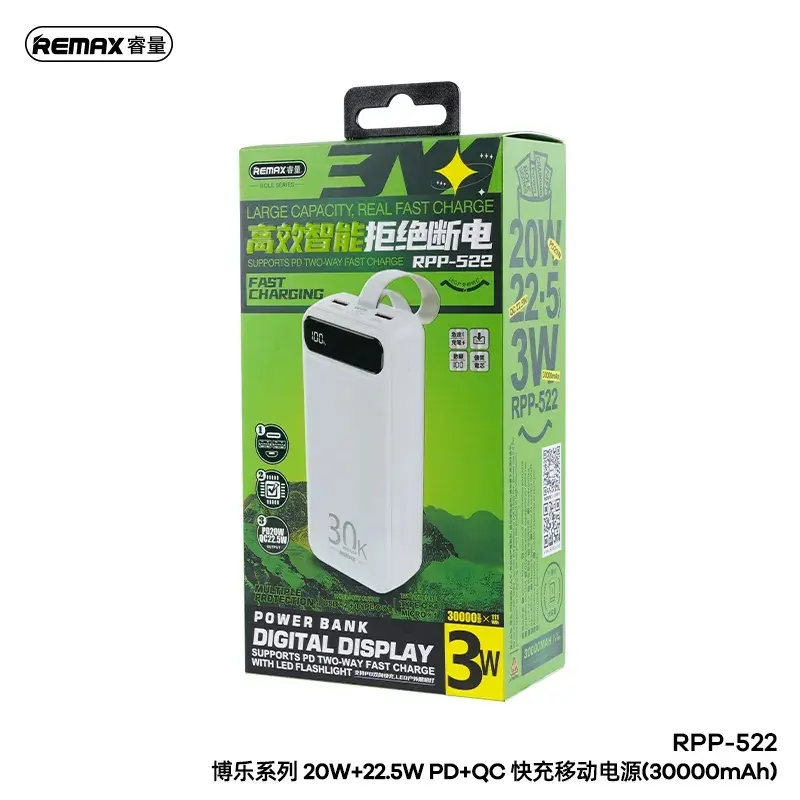 Pin dự phòng Remax RPP-522 30000mAh QC3.0 22.5W và TypeC PD 20W, Đèn led siêu sáng - Nhất Tín Computer 8