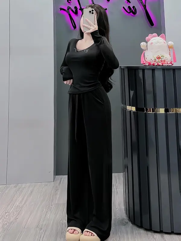 95. 1857 Set Bộ Dài Suông Tay Dài Cổ Tim Chất Đẹp. Quần Dài Ống Suông Có Túi, Áo Vạt Ngang. Nữ Top Vàng Thun Women Ong Nhung 2