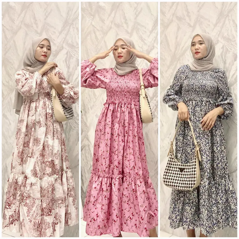 BEFA - Long Dress Andini Smock Sabrina Motif Kekinia Bahan Katun Mikro Casual Wanita Midi Panjang 0