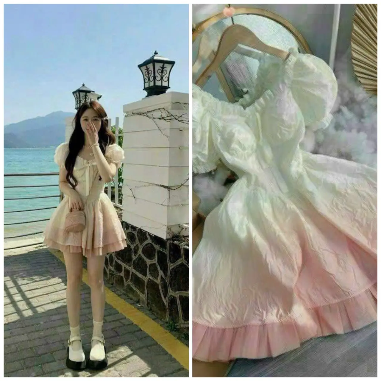 Đầm tiểu thư tay bồng chất gấm loang siêu xinh Nữ Kem váy  tiệc