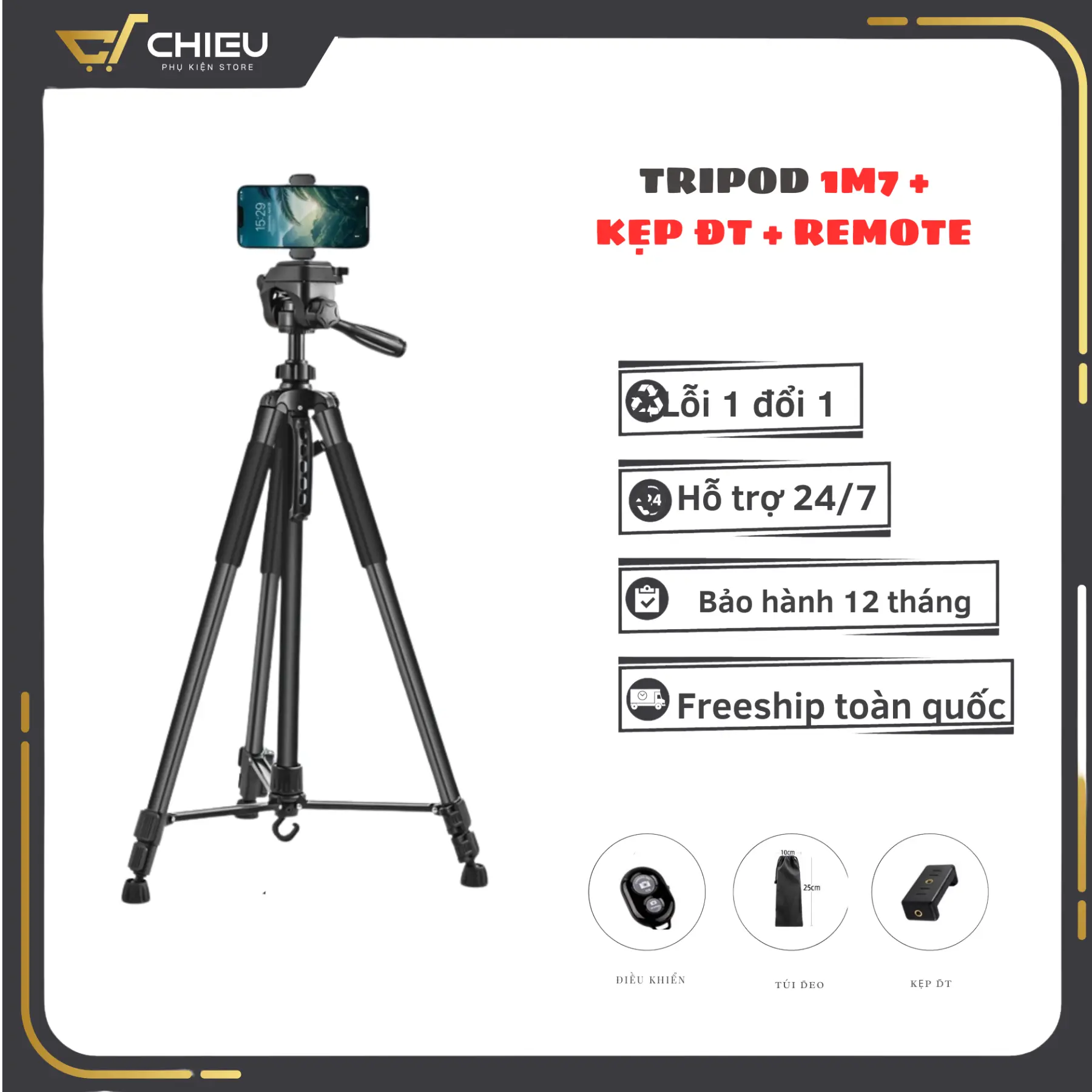 [ Tripod 1M7  ]  Chân Máy Có Chiều Cao 600mm -1700mm - Dùng Gắn Máy Ảnh & Điện Thoại , Phụ Kiện Hỗ Trợ Đắc Lực Cho Camera Quay Video Chụp Ảnh Selfie