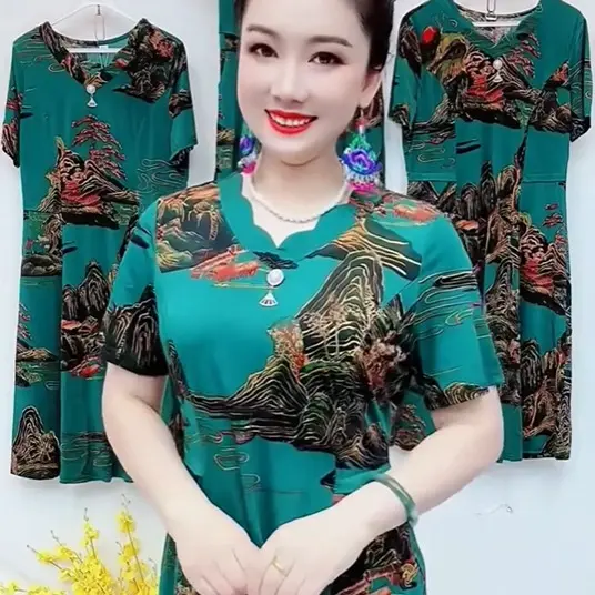 Đầm trung niên thiết kế có túi  2 màu xanh, màu đen in hoạ tiết Nữ Women Dress không khô sạch đen + vàng