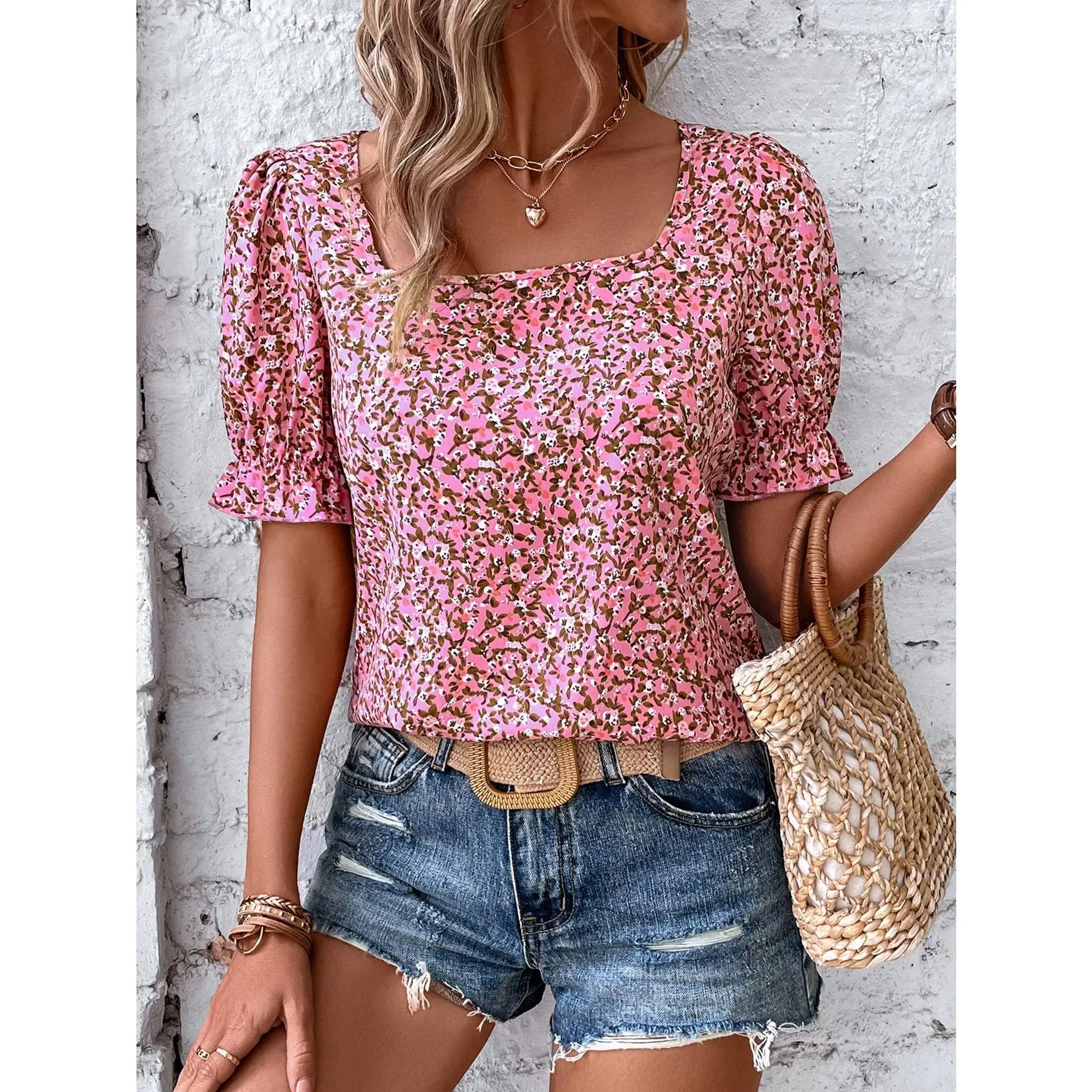 Holidaya Ditsy Floral Print Square Neck Puff Sleeve Blouse,Short Sleeve Tops Fabric Fit