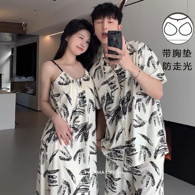 Đồ Ngủ Cặp Đôi, Đệm Ngực Thoáng Khí, Váy Ngủ Có Dây Đeo Mùa Hè, Dành Cho Phụ Nữ Và Nam Giới, Mỏng Và Ngầu, ngắn Tay, Đồ Mặc Nhà, Bộ Nam 0