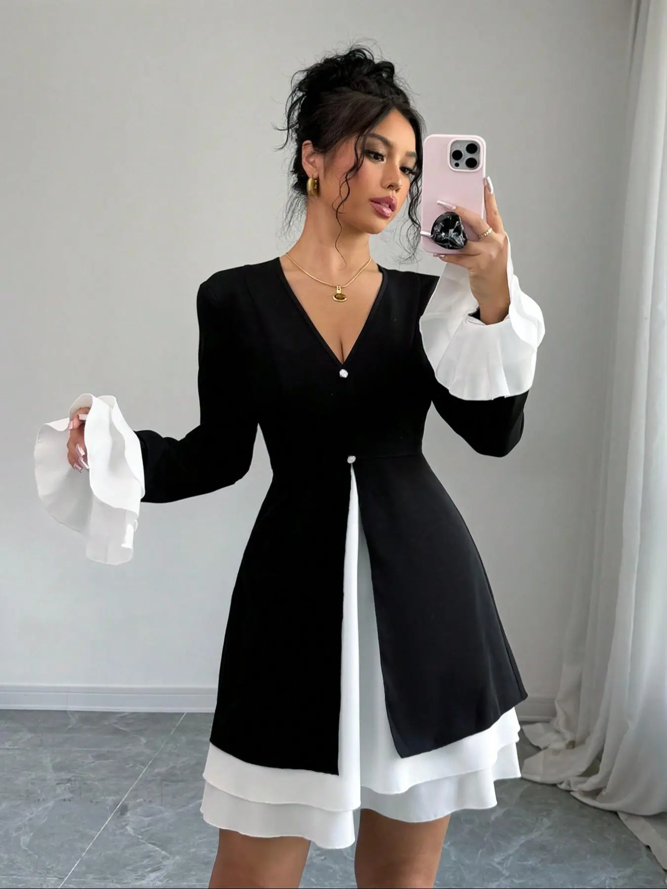 Women's Flounce Sleeve Dress, Elegant Fashion Casual V Neck Dress for Daily Outdoor Wear, Women Dress for Summer