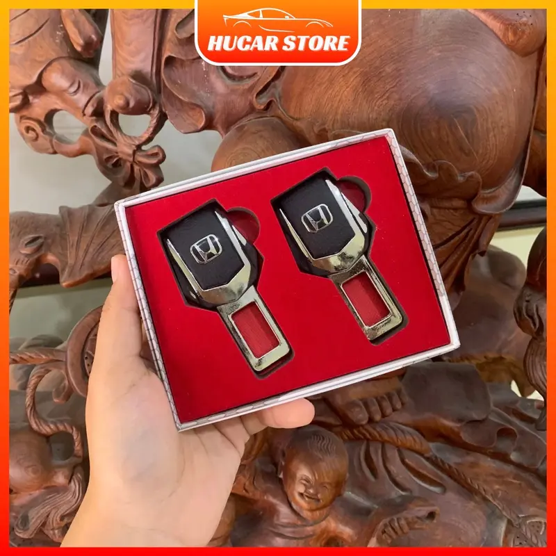 Bộ chốt khóa cài dây đai an toàn cho xe hơi ô tô, chốt ngắt chuông an toàn ô tô da kết hợp inox sang trọng LOGO các hãng xe Hucar 5