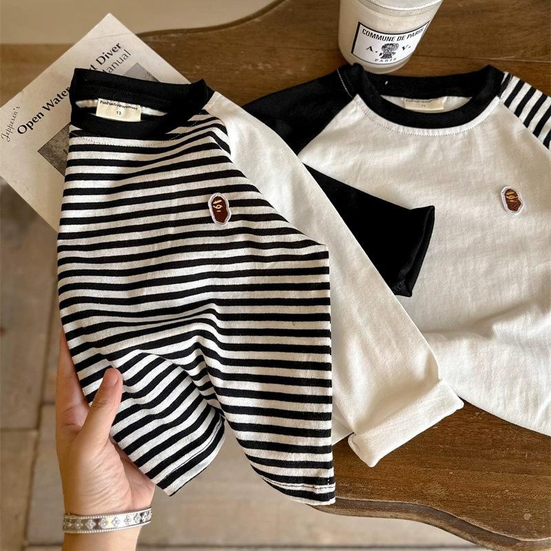 Áo Thun Bé Trai Và Bé Gái, Chất Liệu Cotton, Dài Tay, Thêu Và Khâu, Thiết Kế Sọc, Dễ Phối Đồ, Thích Hợp Cho Quần Áo Trẻ Nhỏ, Áo Lớp Nền, Lý Tưởng Cho Mùa Xuân Và Mùa Thu, Phong Cách 2024 3
