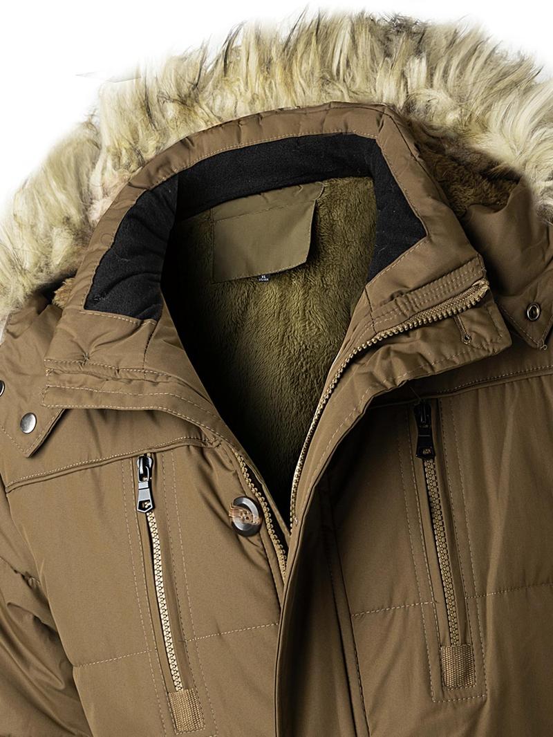 Product Introduction of Men's Flap Pockets Button Front Thermal Lined Hooded Coat, Slim Fit Casual Fuzzy Trim Zipper Warm Coat, Men Winter Coats, Men's Outerwear for Daily Wear 9