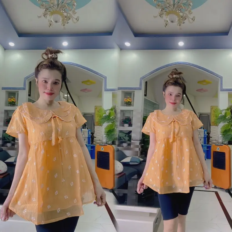 [ ẢNH THẬT ] (45-95kg) Áo Bầu Voan Kiểu Cổ bèo Dễ Thương 2 Lớp Form Rộng Dáng Tiểu Thư Bồng Bềnh Hàn Quốc-Nút điều chỉnh hai bên