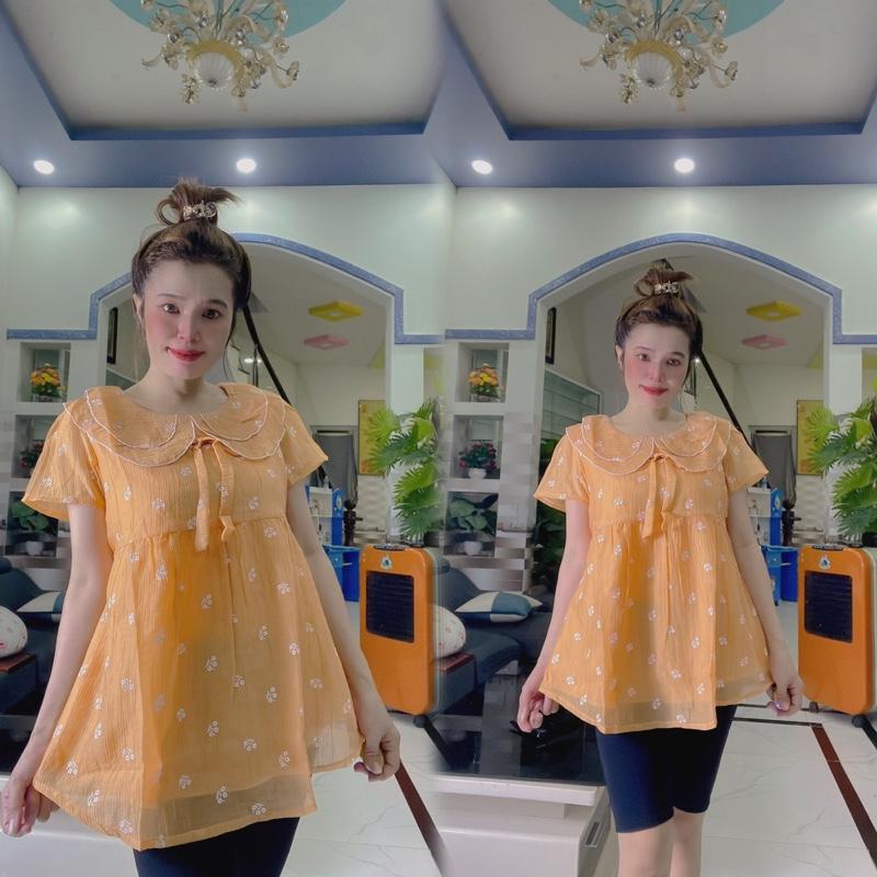 Áo Bầu Voan Kiểu Cổ bèo 2 Lớp Form Rộng Dáng Tiểu Thư Bồng Bềnh Hàn Quốc-Nút điều chỉnh hai bên(45-95kg) 0