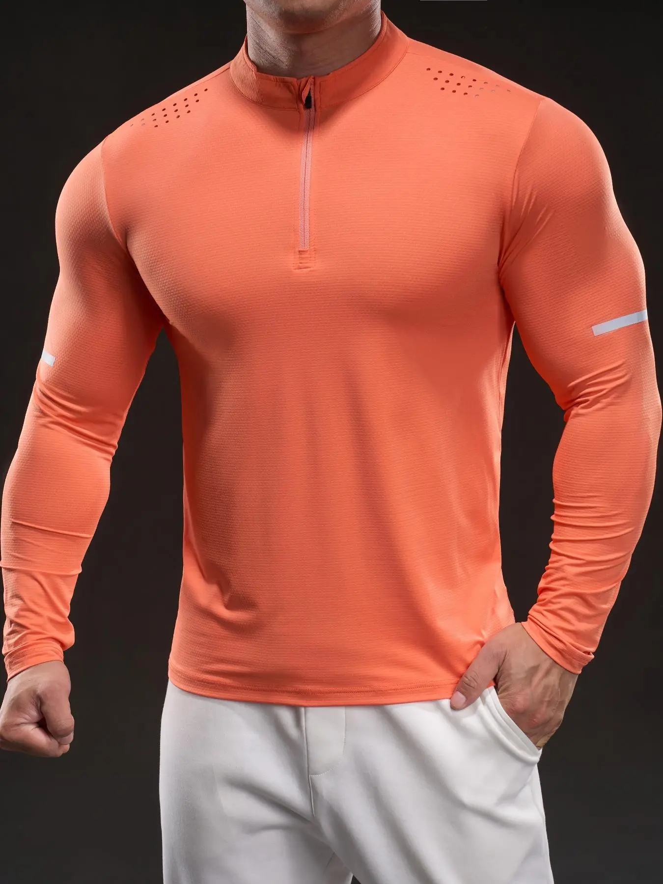 Men's Zip Up Sports Tee, Casual Comfy Breathable Long Sleeve T-shirt for Gym Workout Running, High Stretch  Menswear for All Seasons