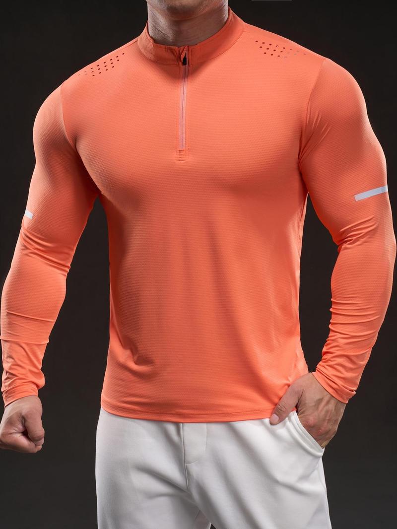 Product Introduction of Men's Zip Up Sports Tee, Casual Comfy Breathable Long Sleeve T-shirt for Gym Workout Running, High Stretch  Menswear for All Seasons 1