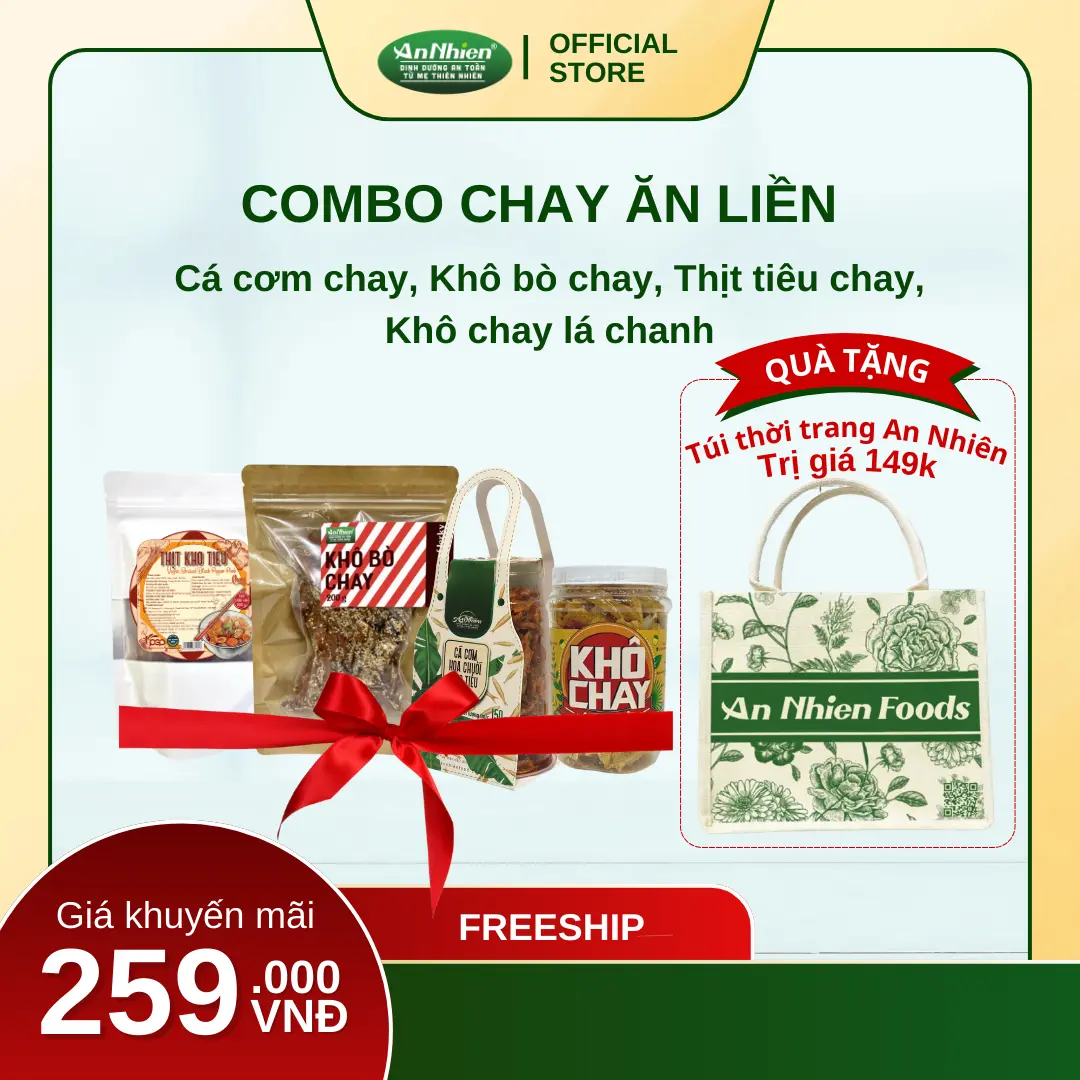 An Nhiên Foods - Combo Chay Ăn Liền (Cá cơm hoa chuối kho tiêu chay, Thịt kho tiêu chay, Khô bò chay, Khô chay lá chanh)