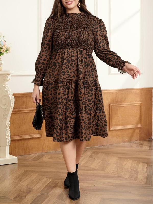 CURVZY Plus Size All Over Print Shirred Ruffle Hem Dress, Plus Casual Fashion Long Sleeve Dress for Daily Outdoor Wear, Women Plus Clothing for Spring & Fall 4