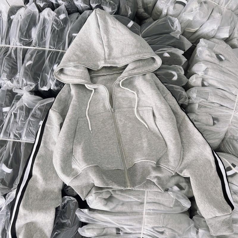 Áo Khoác Nỉ Bông Form Ngắn Vải Mỏng Sọc Tay Khó Xù Vừa Mình Túi Trong Form Lửng Nữ áo Croptop 35-55kg mặc đẹp vải mướt chống nắng tốt Women Jacket Top Hoodie