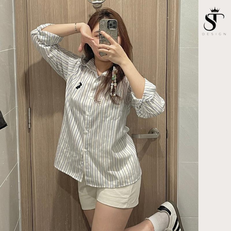 Áo sơ mi nữ tay dài kẻ sọc xanh thêu tay ulzzang QC cao cấp thời trang phong cách dễ phối đồ - ST Design - A04