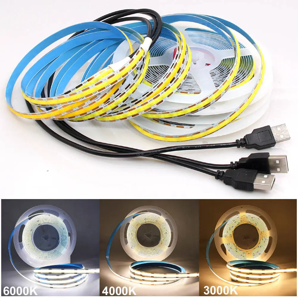5V COB LED Strip Light 320LEDs/M RA90 High Density Flexible Tape Lights USB Plug