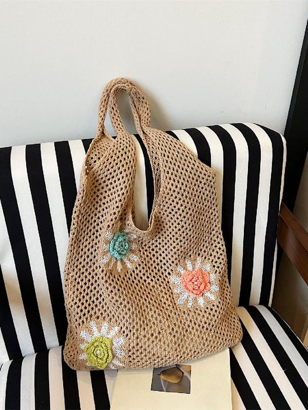 Women's Colorblock Flower Design Crochet Tote Bag, Casual Versatile Shoulder Bag for Daily Used, Trendy High-quality Daily Commuting Bag, Girl Fashionable Shopping Bag 0