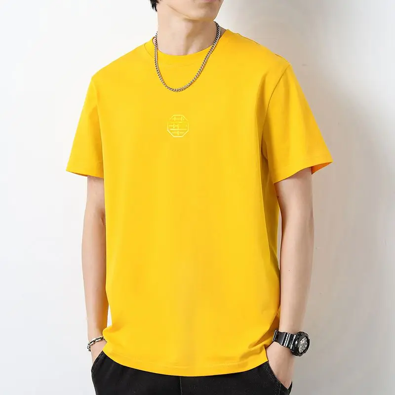 Men's Logo Graphic Tee Casual Soft Cotton Short Sleeve Round Neck Top T-shirt, Size Small - 5XL, Streetwear Printed Cooling Undershirt for Sport, Gift - Yellow