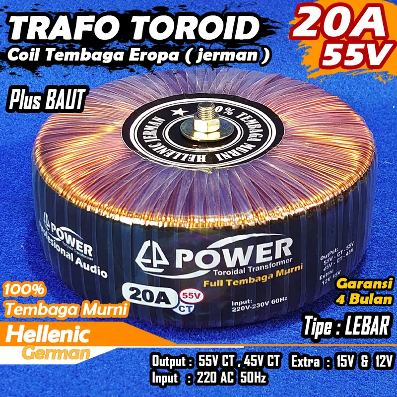 Trafo Toroid | Trafo Donat CT 55V 45V 20A (MURNI) Full Tembaga Murni Hellenic jerman LEBAR 0