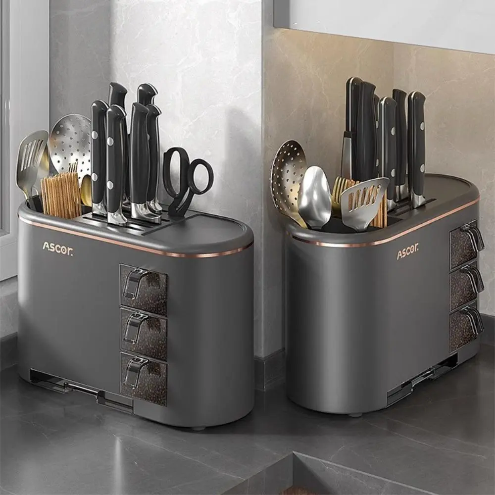 Kitchen Storage Rack, 1 Count Multifunctional Kitchen Knife & Cutlery Storage Rack with Seasoning Box, Household Seasoning Storage Rack, Kitchen Utensil Organizer
