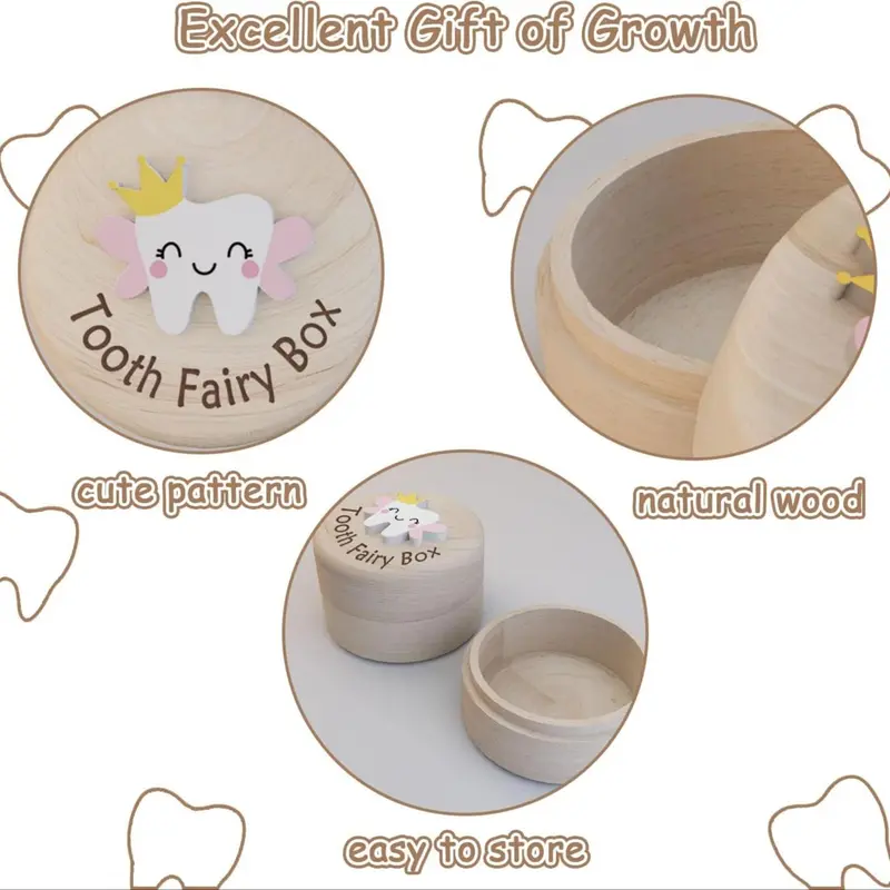 Cute Cartoon Tooth Fairy Design Wooden Box, 1 Set Tooth Storage Box, Souvenir Tooth Keepsake Storage Box for Home Bathroom Dormitory 2