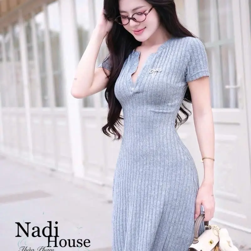 ĐẦM LEN ĐŨA DÁNG A, CÚC TRƯỚC, KÈM TAG NƠ ( 4 màu đen/ xám/ nude/ hồng, kèm ảnh thật), form dài maxi Nữ Women 2