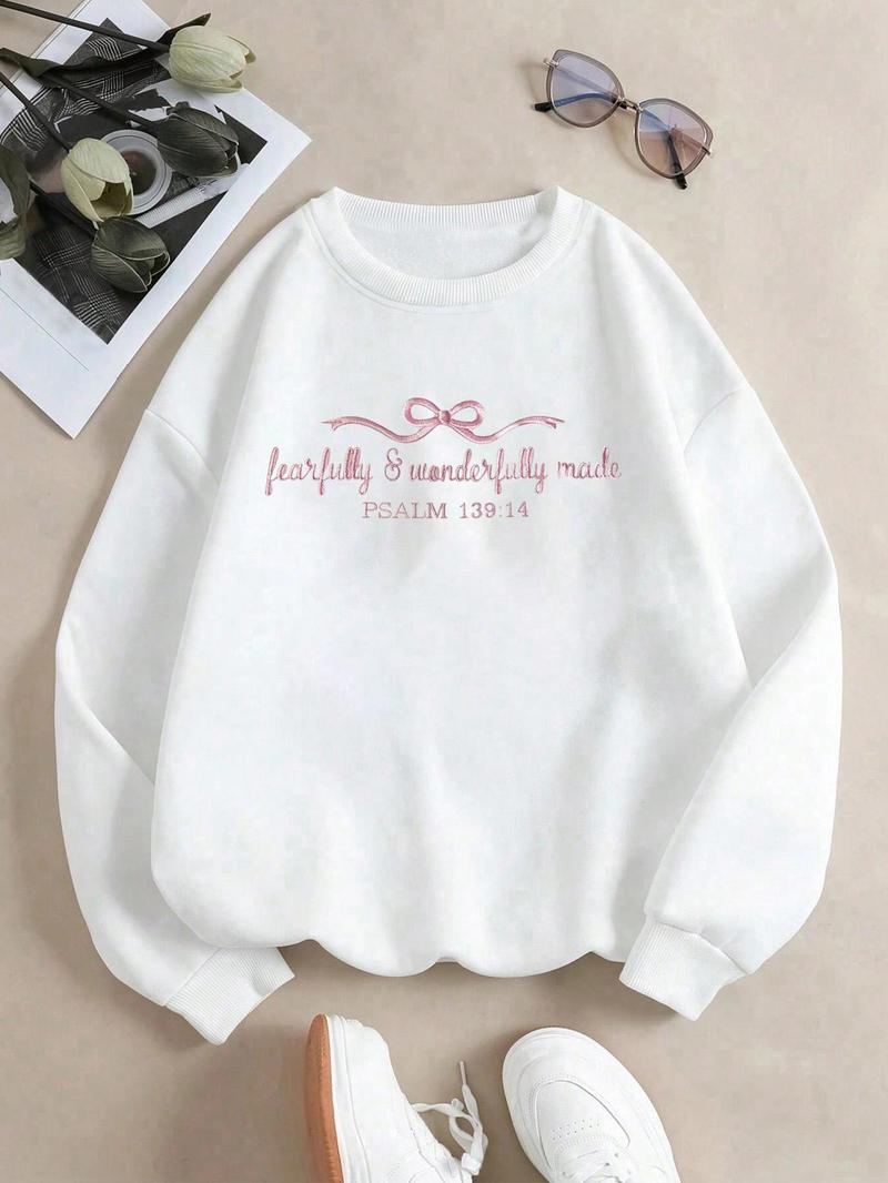 Product Introduction of Women's Bow & Letter Print Drop Shoulder Thermal Lined Sweatshirt, Casual Long Sleeve Crew Neck Pullover for Fall & Winter, Women's Clothes for Daily Wear 3