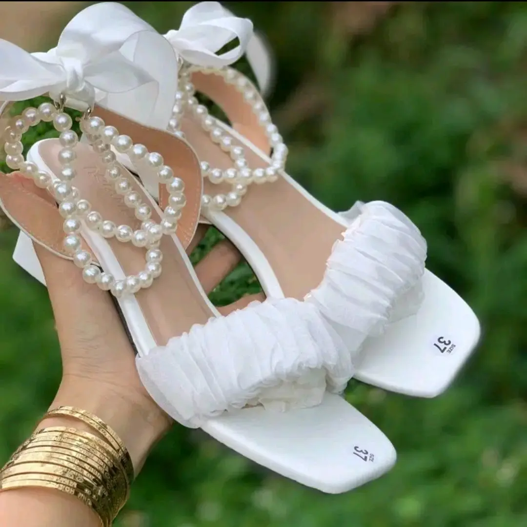 giare Giày cao gót quai voan kết hợp dây nơ thời trang nữ, gót cao 5p Mũi vuông DéP Shoes Sandal xích ngọc giay caogot