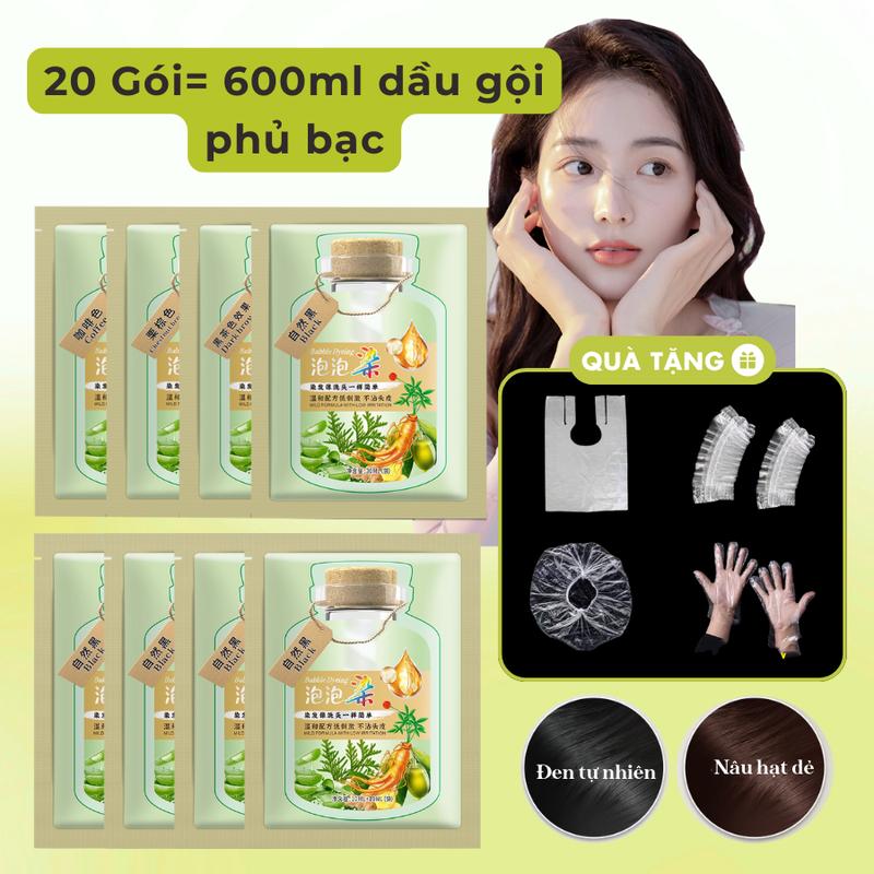 Combo 20 Gói 600ml Dầu gội phủ bạc thảo dược nhuộm tóc tại nhà, màu đen tự nhiên nâu hạt dẻ dễ sử dụng
