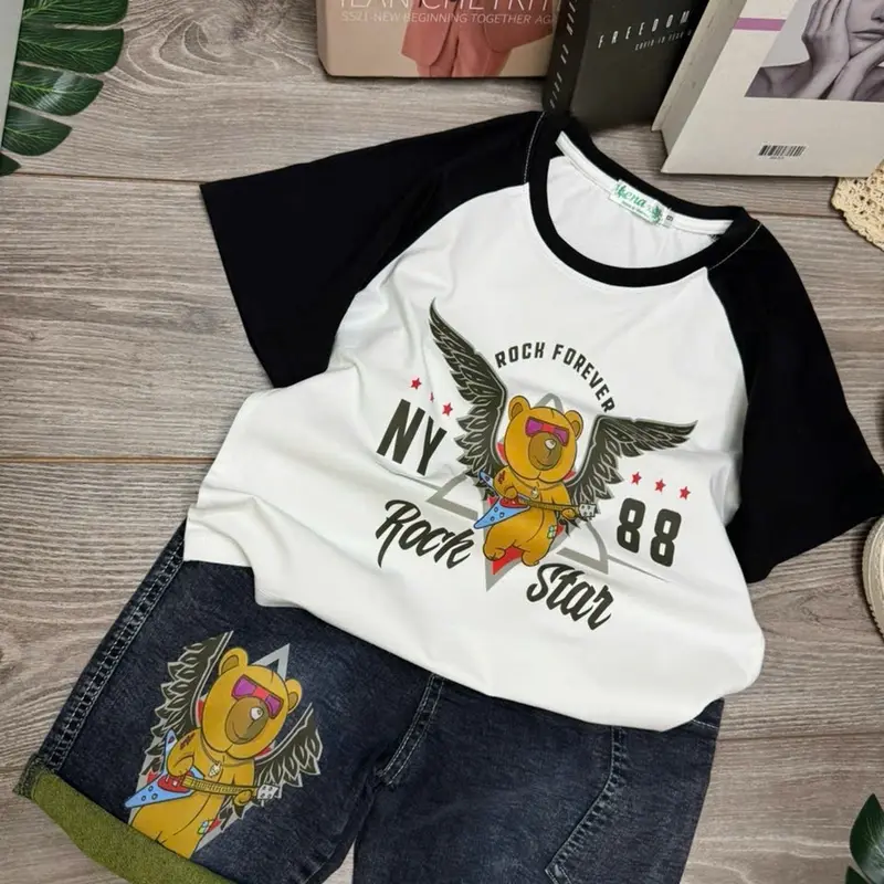 Set jean bé trai in hình đại bàng cực ngầu, quần jean con giãn, áo thun cotton 4c mềm mịn, size 35-55kg 2