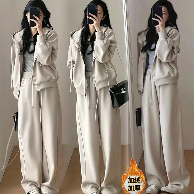 Bộ Đồ Thể Thao Áo Nỉ Thường Ngày Mùa Đông, Hàng Mới Về, Thời Trang Nữ, Phong Cách Hồng Kông, Mỏng Vừa Vặn, Trẻ Trung, Quần Ống Rộng, Có Mũ Trùm Đầu, Thích Hợp Để Chạy Bộ, Hai Mảnh 0