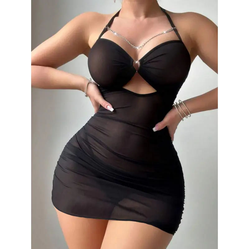 Women's sexy lingerie set, see-through ring chain halter top, charming mesh dress paired with a G-string thong, elegant two-piece set combination. 1