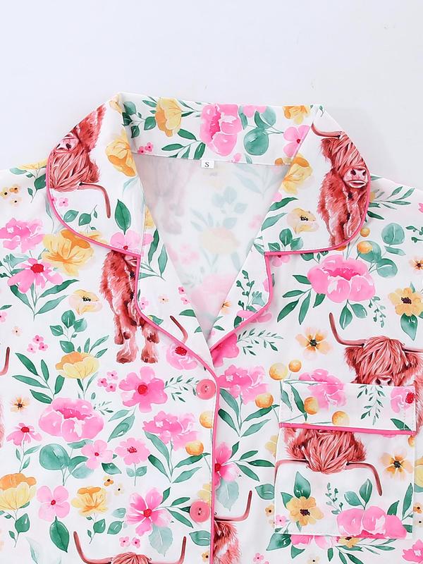Women's All Over Print Crop Shirt & Shorts Pyjama Two-piece Set, Casual Comfy Short Sleeve Top & Shorts PJ Set, Ladies Sleepwear for All Seasons 2