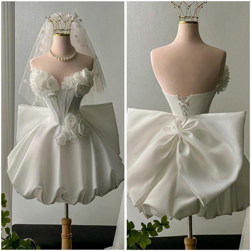 Đầm đi bàn, váy trắng cô dâu đi bàn xòe bí đính hoa kèm nơ Gina