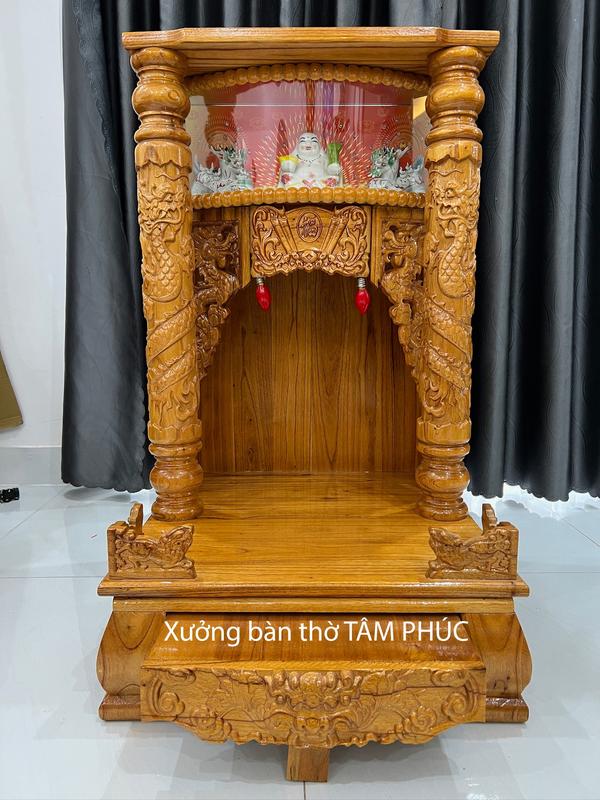 [BÁN CHẠY_ĐÈN CHỚP] Bàn thờ thần tài bàn thờ ông địa gỗ xoan đào có hộp đèn chớp tượng Di Lặc cột rồng Sơn bóng đẹp hàng dày loại 1 42cm 48cm 56cm Decor Decor Phòng Trang Trí Nhà Tranh