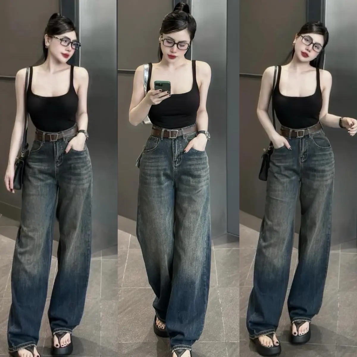 (S-2Xl)HHCHOU-Quần Jeans Suông Trơn Màu Đậm Có Phủ Dơ Vải Qc mềm có 2 chiều dài 103cm và 95cm H3344 Women Pants