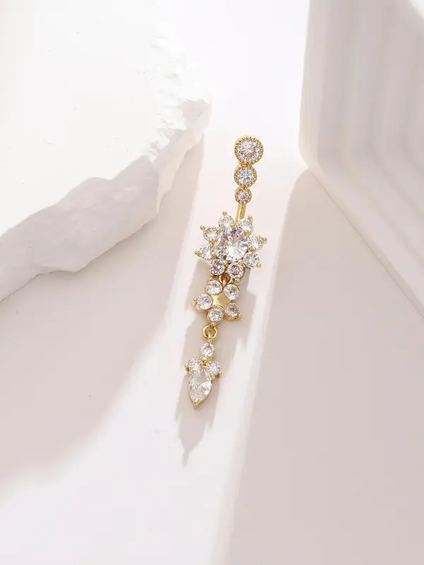 Women's Rhinestone Flowers Decor Belly Ring, Rhinestone Decorated Belly Button Ring, Elegant Flower Design Belly Piercing For Women 6