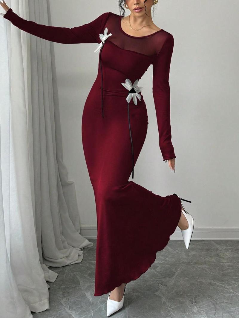 Product Introduction of Women's Plain Floral Decor Long Sleeve Evening Dress, Elegant Fashion Maxi Dress for Party Ball Performance Wear, Women's Dress for Spring Fall 6