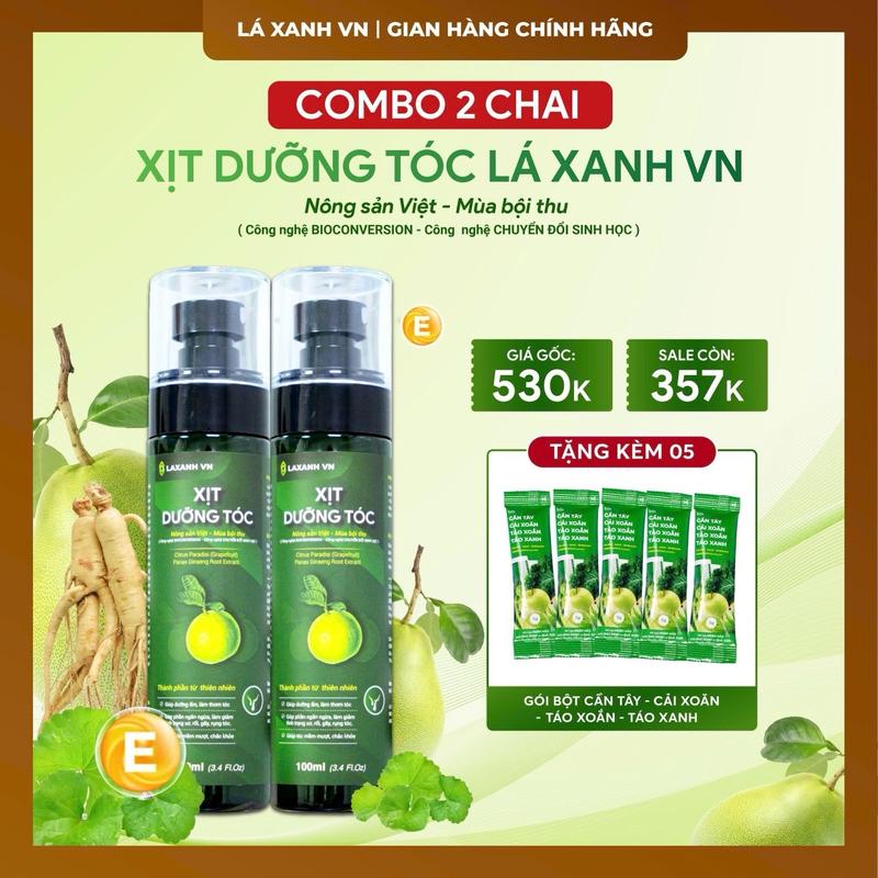 02 CHAI XỊT DƯỠNG TÓC LÁ XANH + giảm gãy rụng, mọc tóc, tóc chắc khoẻ + (tặng kèm 05 gói bột rau củ cần tây, mật ong)