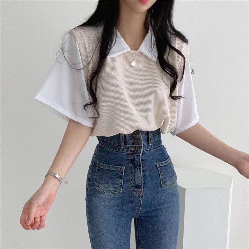 Product Introduction of Áo Phông Ngắn Tay, Phong Cách Preppy, Ve Áo Polo Mùa Hè, Hai Mảnh Giả, Màu Tương Phản, Dáng Rộng Vừa Vặn, Áo dễ phối đồ Đi Chơi Dành Cho Nữ, Phong Cách Ins 5