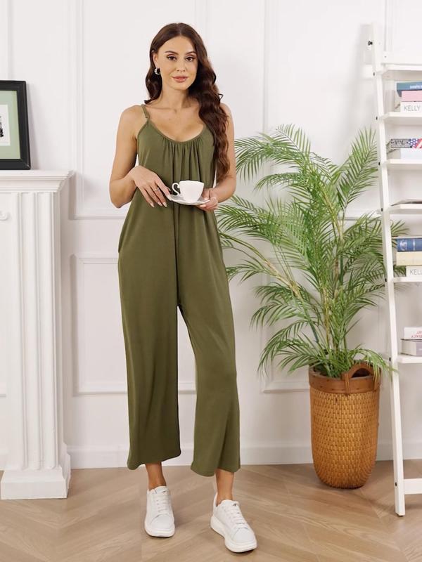 Women's Summer Adjustable Strap Sleeveless Wide Leg Jumpsuit with Pockets, Casual Solid Loose Cami Jumpsuit, Summer Outfits 2024, Jumpsuit for Women, Underwear & Womenswear, Overalls Clothes, Dungarees 1