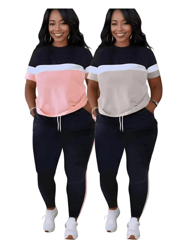 Lovelywholesale Two-piece Set Plus Size Colorblock Short Sleeve Tee & Drawstring Pocket Jogger Pants Set, Mean Girls Outfit, Co-ord Set for Women, Comfort Lady Co Ord Set, Casual Summer Clothes Set, Plus Size 2 Piece Sets 6