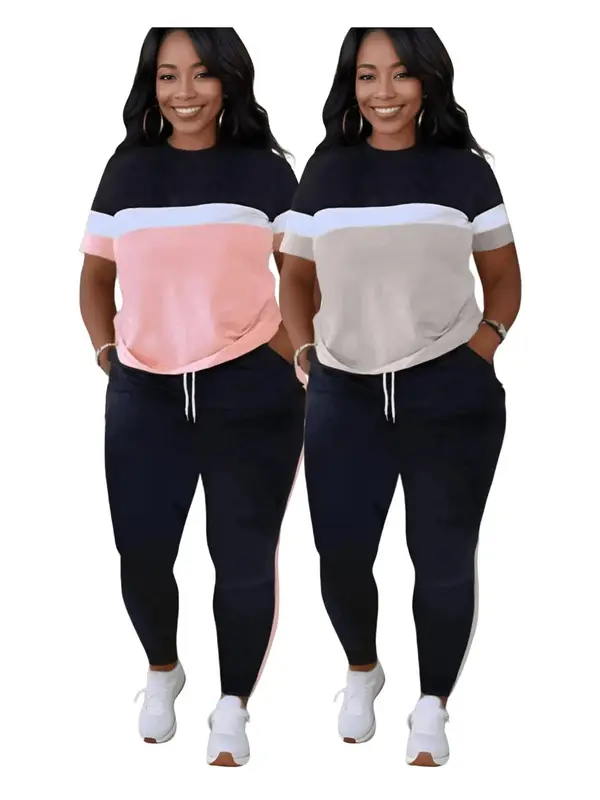 Lovelywholesale Two-piece Set Plus Size Colorblock Short Sleeve Tee & Drawstring Pocket Jogger Pants Set, Mean Girls Outfit, Co-ord Set for Women, Comfort Lady Co Ord Set, Casual Summer Clothes Set, Plus Size 2 Piece Sets 5