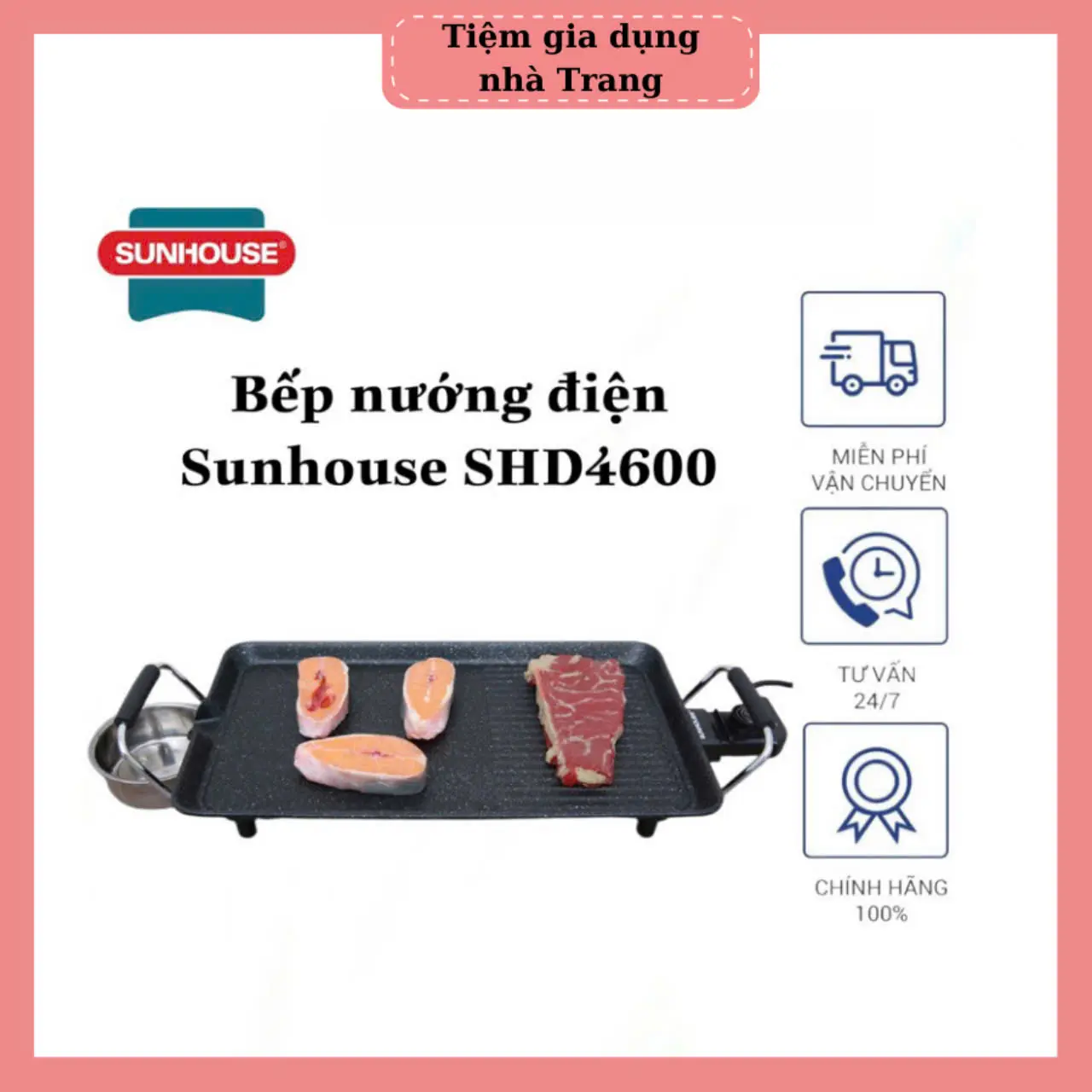 [LOẠI TO DÙNG CHO 2-3 GĐ] BẾP NƯỚNG ĐIỆN KHÔNG KHÓI SUNHOUSE MÃ SHD4600 CÔNG SUẤT 1600W (KT:49×23×11CM) BH 12 THÁNG