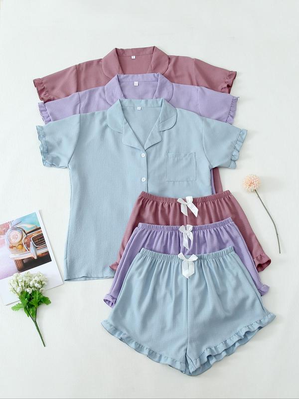 6 Pieces Women's Plain Ruffle Trim Button Front Lapel Shirt & Bow Decor Elastic Waist Shorts Pyjama Set, Casual Soft Comfortable Short Sleeve Top & Shorts Loungewear Set, Comfy Sleepwear Set for Women 3