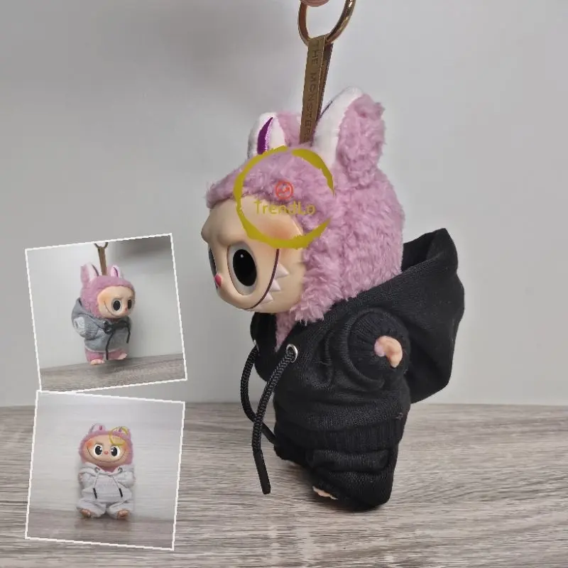 Aksesoris Pakaian Boneka Labubu Hitam Putih Abu-abu - Hoodie + Sweater + Celana Ukuran 8cm 0
