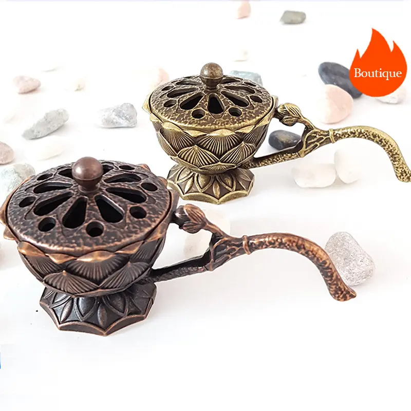 Handheld Lotus Incense Burner Hollow Metal Incense Burner Creative Design Shape Retro zinc alloy material with Eaglewood Handle Suitable for Home, Meditation, Yoga, Decoration Use