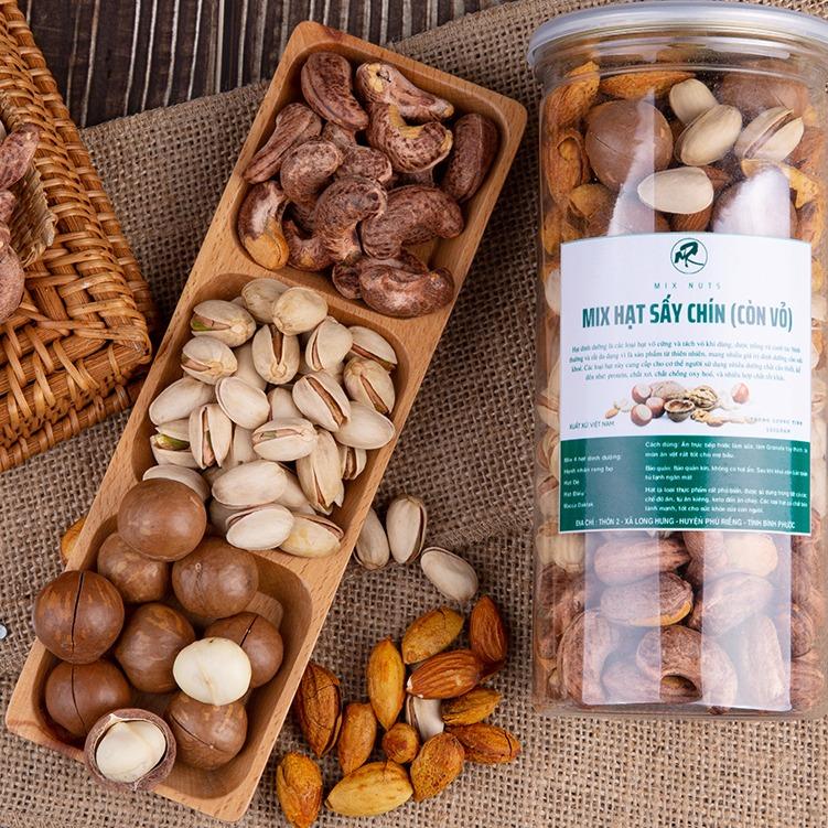 Mix 4 hạt còn vỏ hạt điều macca hạnh nhân bơ và hạt dẻ Mẹ Rô Có hồ sơ công bố Xuất hóa đơn công ty đầy đủ