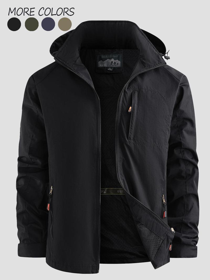 Product Introduction of Men's Solid Pocket Zipper Waterproof Windproof Jacket, Casual Detachable Hood Long Sleeve Outerwear for Fall & Winter, Men's Clothes for Outdoor Activities 1